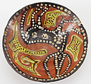 Glazed Ceramic Bowl with a Deer or Fantastic Quadruped, Earthenware; reddish slip with dark-brown, yellow, and white slip decoration, under transparent colorless glaze